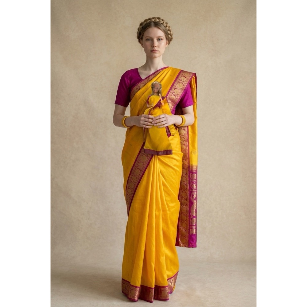 Vintage Y2K 1990's Leo Mattel Barbie In India With Bindi Saree #9910 Yellow Pink